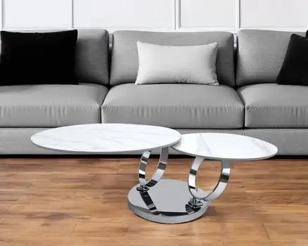 32" White And Silver Ceramic Tile And Metal Round Abstract Coffee Table