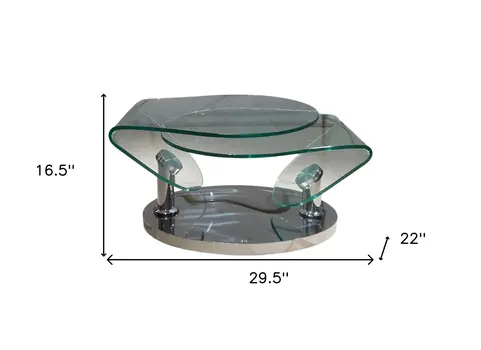 30" Clear And Silver Glass And Metal Oval Abstract Coffee Table