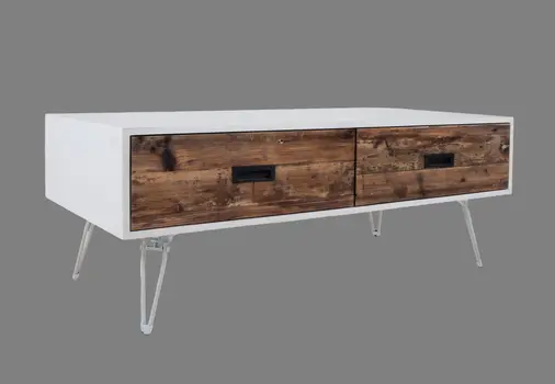 48" Brown And White Wood And Metal Coffee Table With Two Drawers