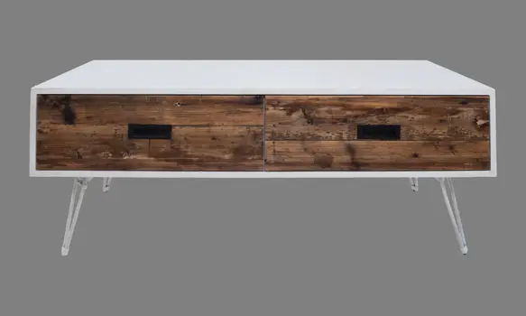 48" Brown And White Wood And Metal Coffee Table With Two Drawers