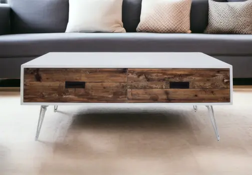 48" Brown And White Wood And Metal Coffee Table With Two Drawers