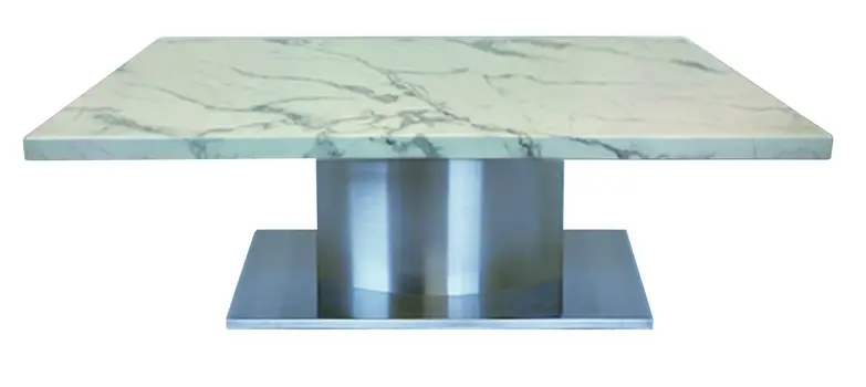 51" White And Silver Genuine Marble And Stainless Steel Pedestal Coffee Table