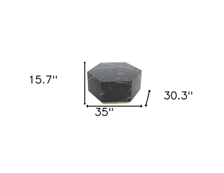 35" Black And Gold Faux Marble Hexagon Drum Coffee Table