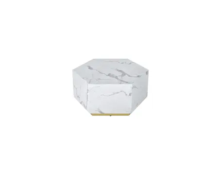 35" White And Gold Faux Marble Hexagon Drum Coffee Table