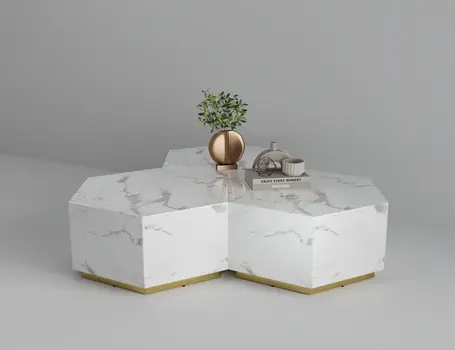 35" White And Gold Faux Marble Hexagon Drum Coffee Table