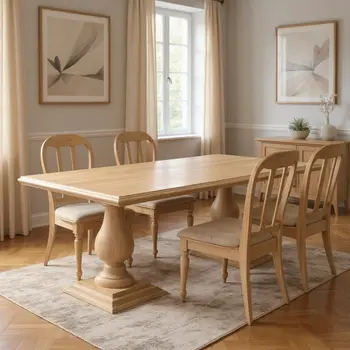 96" Beige Solid Wood Double Pedestal Base Dining Table