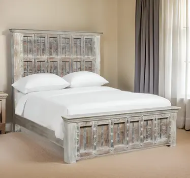 Natural Carved Geometric Distressed Solid Wood King Bed Frame