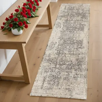 7' Gray Floral Runner Rug