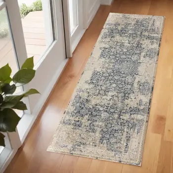 7' Blue Floral Runner Rug