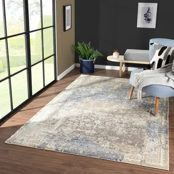 10' X 14' Blue and Ivory Square Floral Area Rug