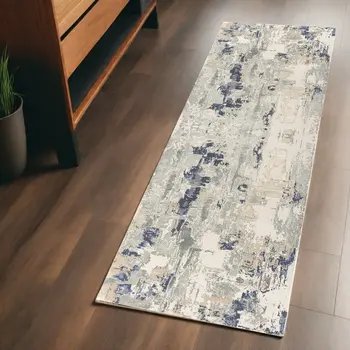 7' Blue And Beige Abstract Runner Rug