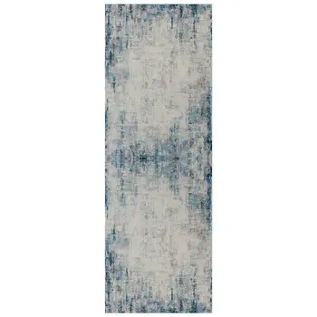 6' Blue And Ivory Abstract Runner Rug