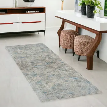 6' Blue And Ivory Abstract Runner Rug