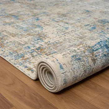 6' Blue And Ivory Abstract Runner Rug