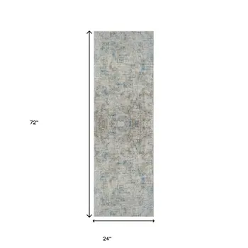 6' Blue And Ivory Abstract Runner Rug