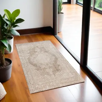 2' X 3' Beige and Ivory Medallion Area Rug