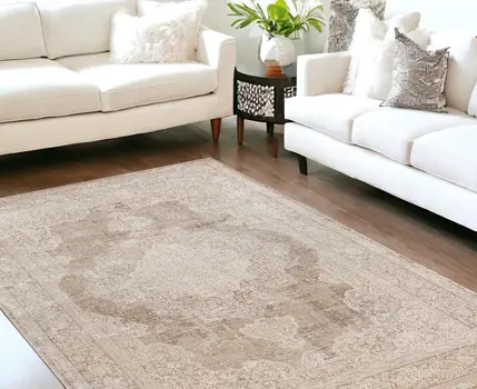 9' X 12' Beige and Ivory Medallion Area Rug