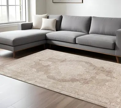 9' X 12' Beige and Ivory Medallion Area Rug