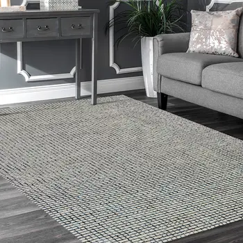 10' X 14' Blue and Ivory Wool Checkered Hand Hooked Area Rug