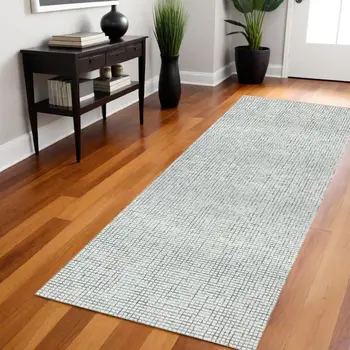 8' Gray And Ivory Wool Checkered Hand Hooked Runner Rug