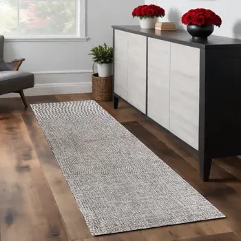 8' Gray And Ivory Wool Checkered Hand Tufted Runner Rug