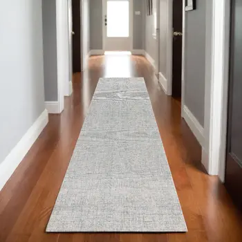 8' Blue And Ivory Wool Abstract Hand Tufted Runner Rug