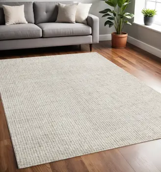 5' X 7' Beige and Ivory Wool Checkered Hand Tufted Area Rug
