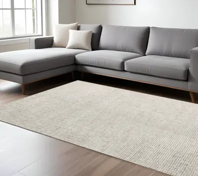 9' X 12' Beige and Ivory Wool Checkered Hand Tufted Area Rug