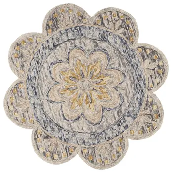 6' Beige Round Wool Floral Hand Tufted Area Rug