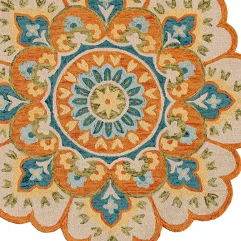 4' Orange and Blue Round Wool Floral Hand Tufted Area Rug