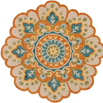 6' Orange and Blue Round Wool Floral Hand Tufted Area Rug