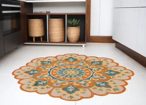 6' Orange and Blue Round Wool Floral Hand Tufted Area Rug