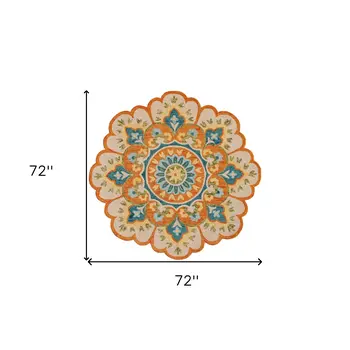 6' Orange and Blue Round Wool Floral Hand Tufted Area Rug