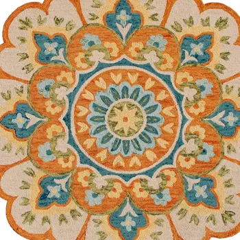 6' Orange and Blue Round Wool Floral Hand Tufted Area Rug