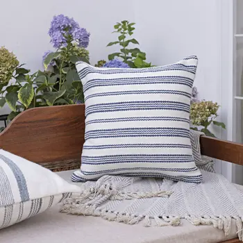 20" Navy and White Striped Throw Pillow With Ruffle