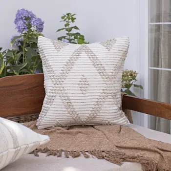 20" White and Natural Diamond Throw Pillow