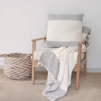 22" Gray and Ivory Striped Cotton Throw Pillow