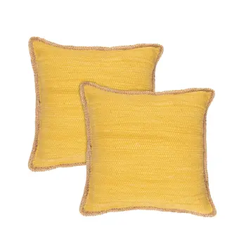 Set of Two 20" Yellow Cotton And Jute Throw Pillows with Texture