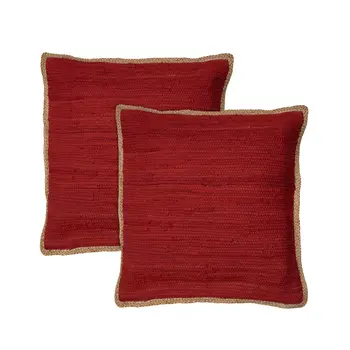Set of Two 20" Red Cotton And Jute Throw Pillows with Texture