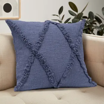 Set of Two Blue Diamond Cotton Throw Pillow With Fringe