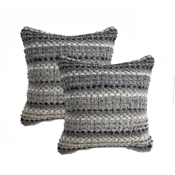 Set of Two 18" Black Gray and Ivory Striped Cotton Blend Throw Pillows with Texture