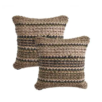 Set of Two 18" Brown and Dark Green Striped Cotton Blend Throw Pillows with Texture