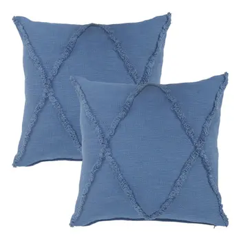 Set of Two Blue Diamond Cotton Throw Pillow With Fringe