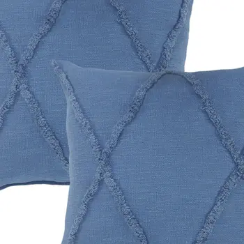 Set of Two Blue Diamond Cotton Throw Pillow With Fringe