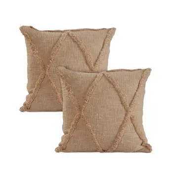 Set of Two Tan Diamond Cotton Throw Pillow With Fringe