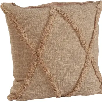 Set of Two Tan Diamond Cotton Throw Pillow With Fringe