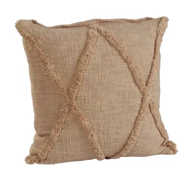 Set of Two Tan Diamond Cotton Throw Pillow With Fringe
