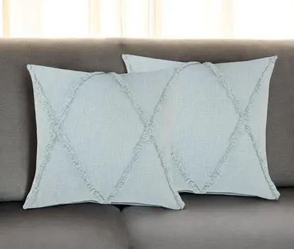 Set of Two Blue Diamond Cotton Throw Pillow With Fringe