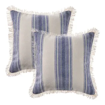 Set of Two 18" Blue and Cream Cotton Throw Pillows with Fringe