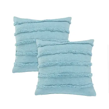 Set of Two 20" Blue Cotton Throw Pillows with Fringe And Texture